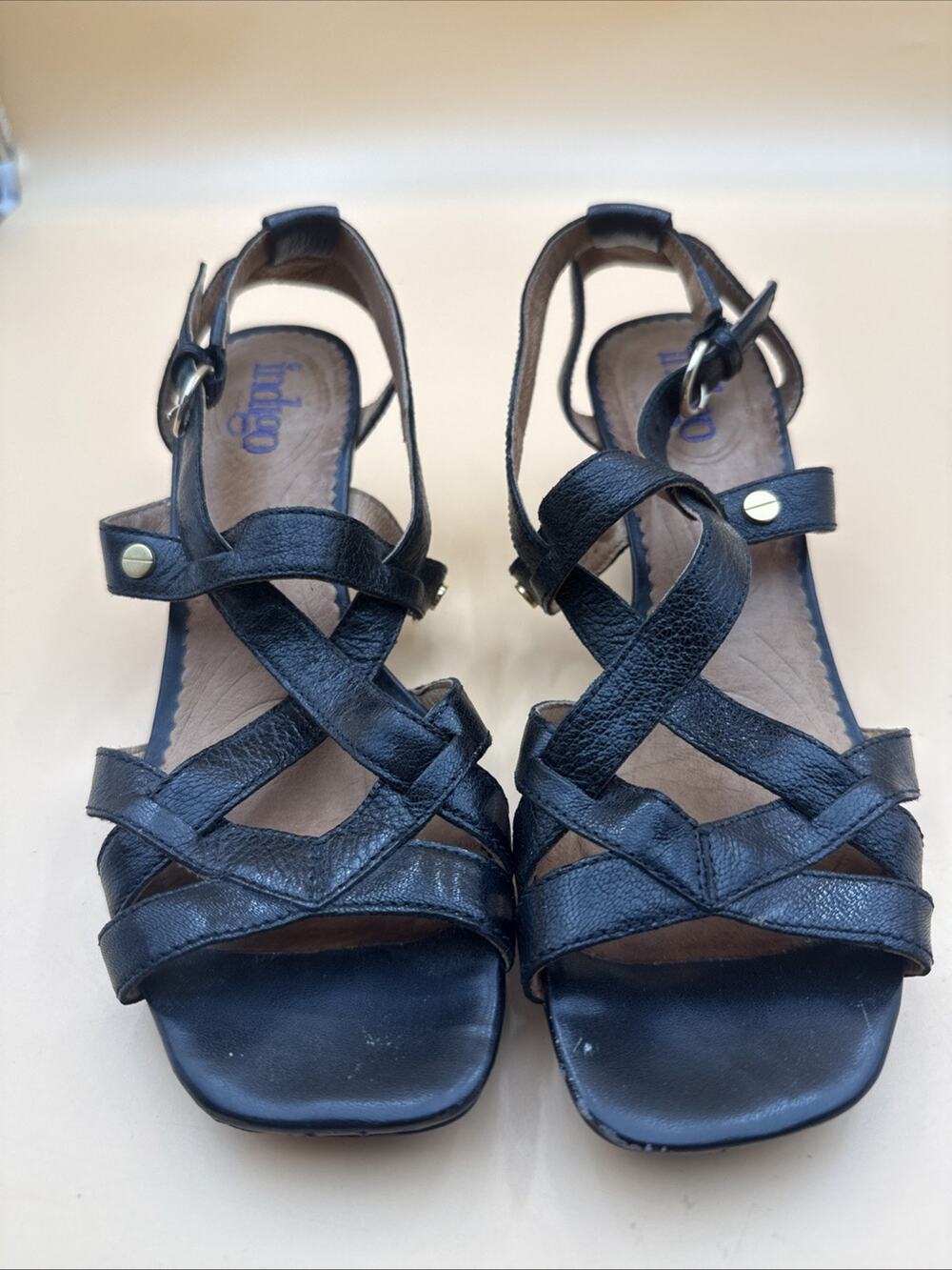 Indigo by Clarks Black Leather Wedge Women's Sandals Strappy US Size 8.5